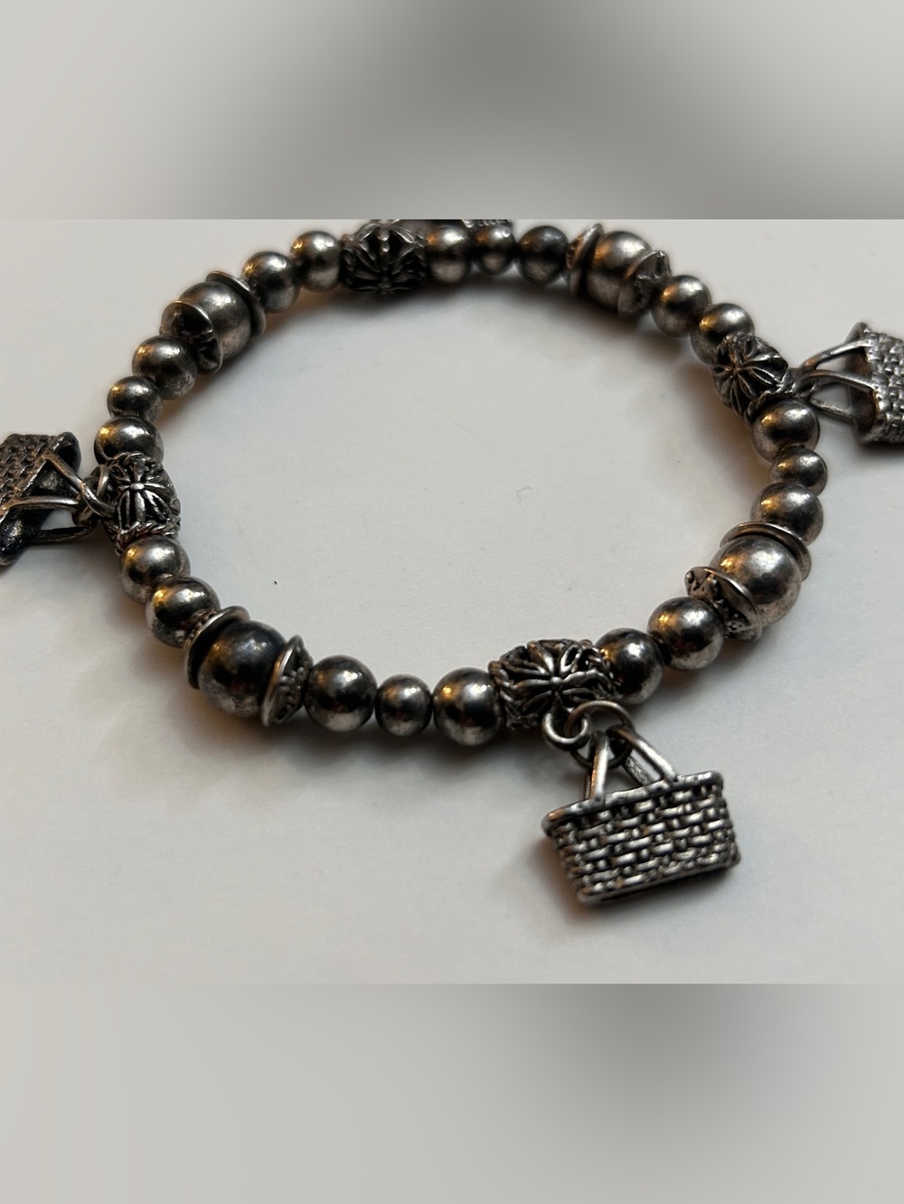 Silver Beaded Charm Bracelet with Basket Charms - vintage all metal